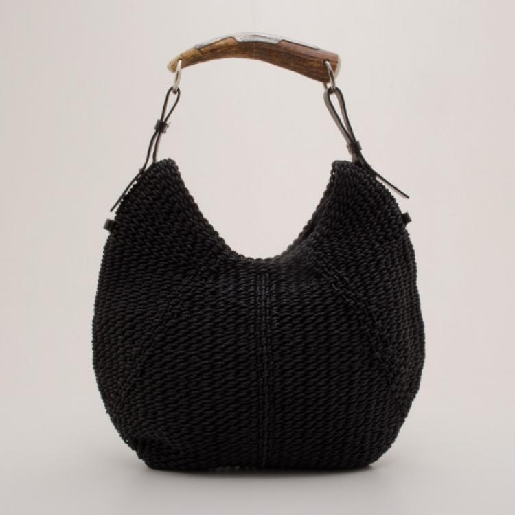 Pre Owned Yves Saint Laurent Black Woven Straw Mombosa Hobo