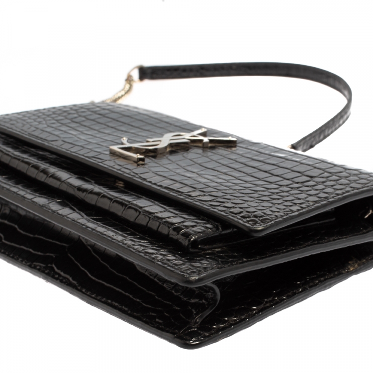 Pre Owned Saint Laurent Black Croc Embossed Leather Small Sunset Shoulder Bag