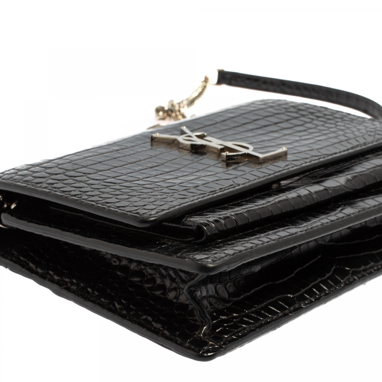Pre Owned Saint Laurent Black Croc Embossed Leather Small Sunset Shoulder Bag