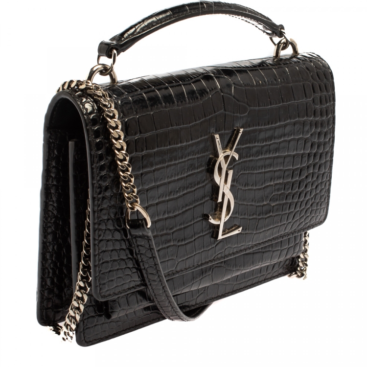 Pre Owned Saint Laurent Black Croc Embossed Leather Small Sunset Shoulder Bag
