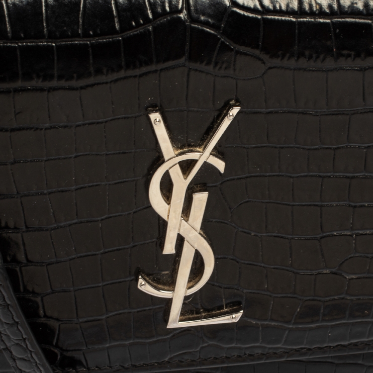Pre Owned Saint Laurent Black Croc Embossed Leather Small Sunset Shoulder Bag