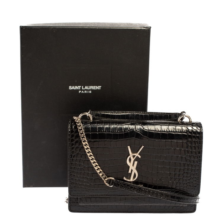Pre Owned Saint Laurent Black Croc Embossed Leather Small Sunset Shoulder Bag