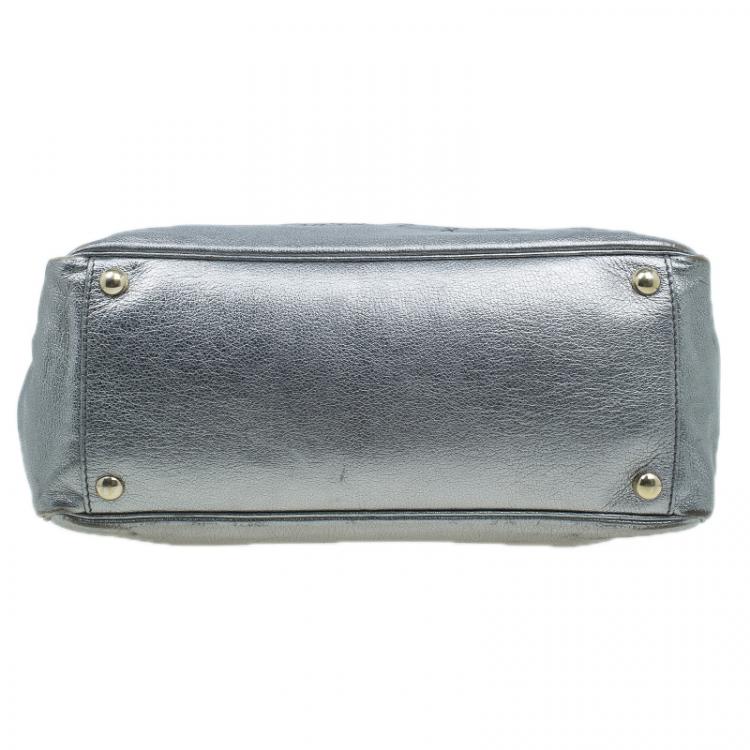 Pre Owned Saint Laurent Paris Metallic Silver Leather Y-Mail Shopper Tote 