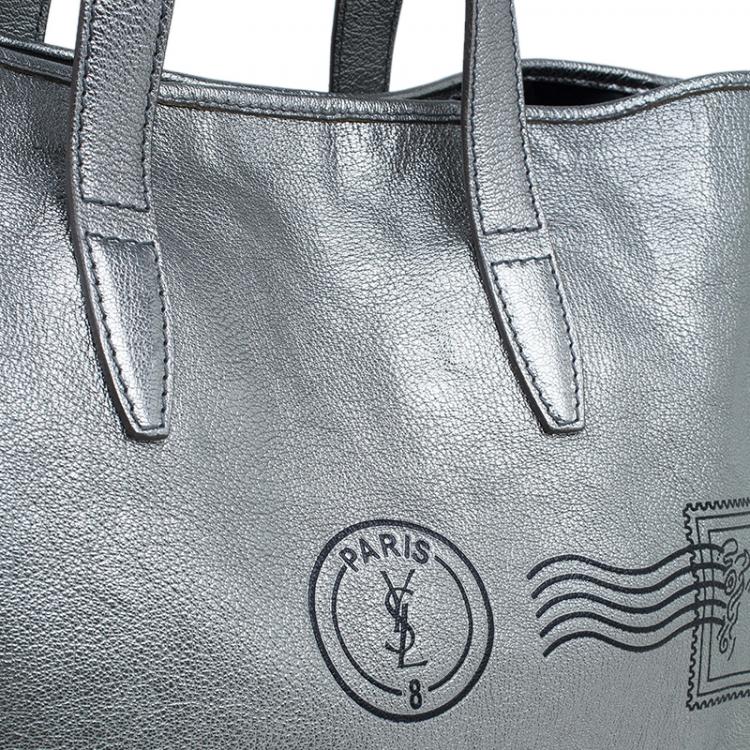 Pre Owned Saint Laurent Paris Metallic Silver Leather Y-Mail Shopper Tote 