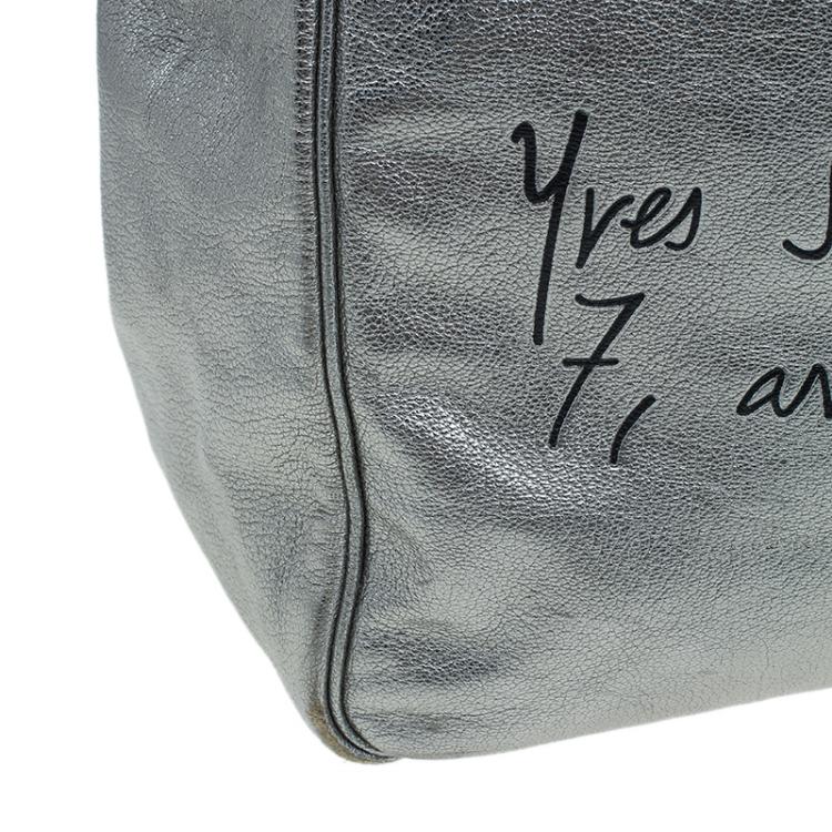 Pre Owned Saint Laurent Paris Metallic Silver Leather Y-Mail Shopper Tote 