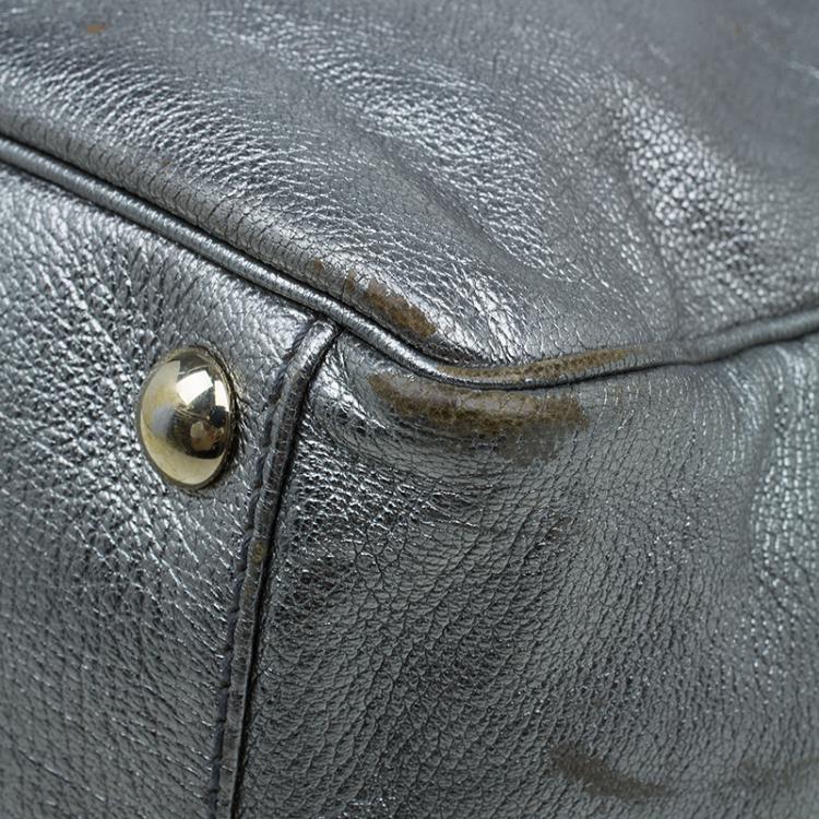 Pre Owned Saint Laurent Paris Metallic Silver Leather Y-Mail Shopper Tote 