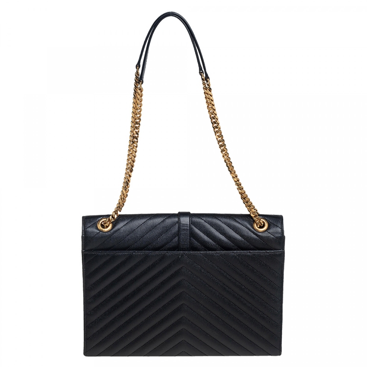 Pre Owned Saint Laurent Black Chevron Quilted Leather Monogram Envelope Shoulder Bag