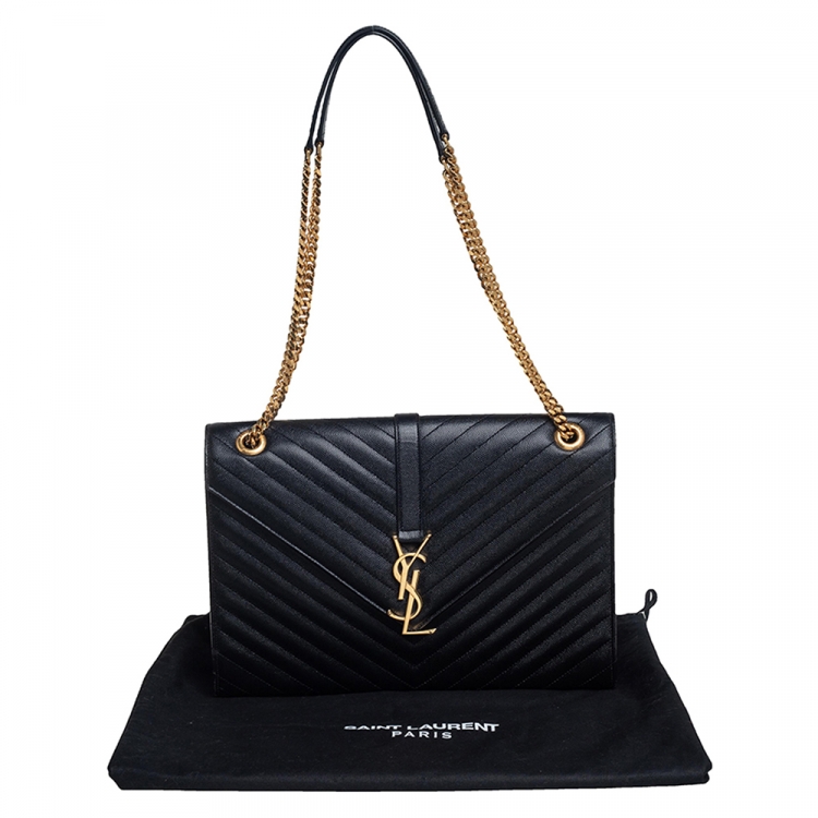 Pre Owned Saint Laurent Black Chevron Quilted Leather Monogram Envelope Shoulder Bag