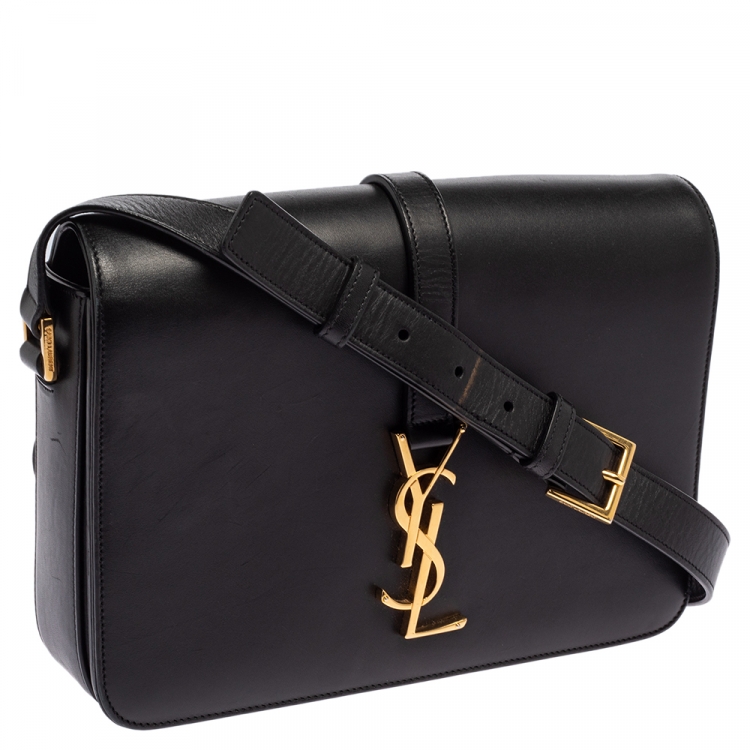 Pre Owned Saint Laurent Black Leather Medium Monogram Université Flap Shoulder Bag