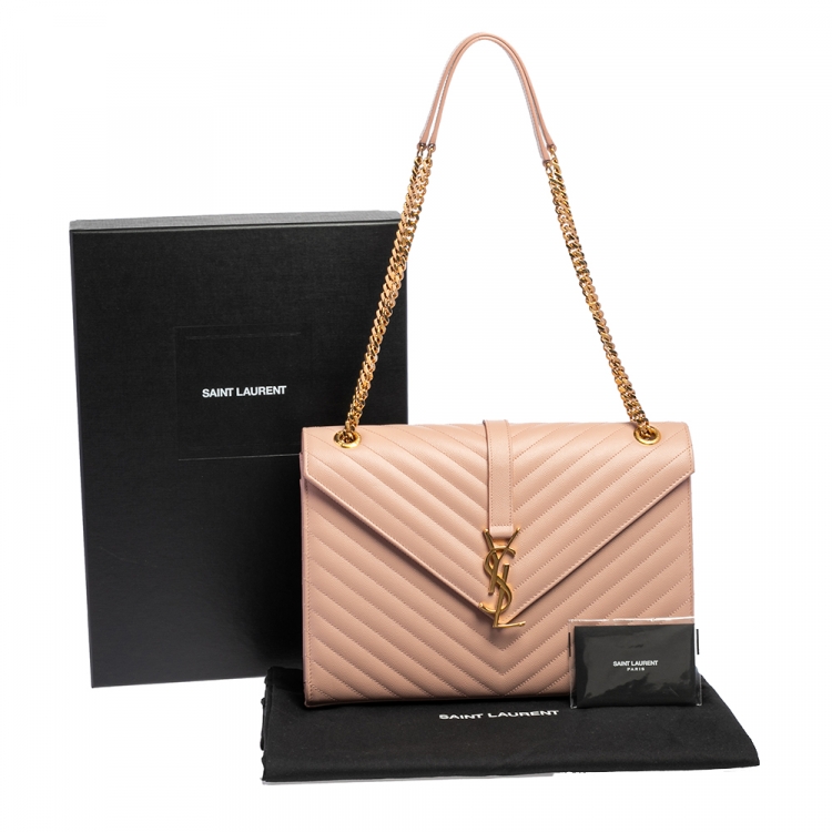 Pre Owned Saint Laurent Powder Pink Matelassé Leather Large Monogram Envelope Shoulder Bag
