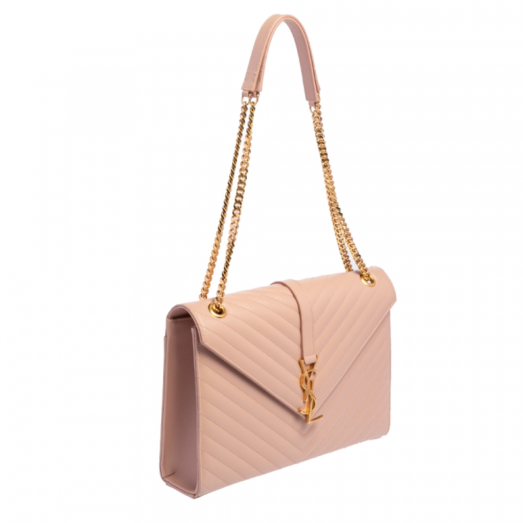 Pre Owned Saint Laurent Powder Pink Matelassé Leather Large Monogram Envelope Shoulder Bag