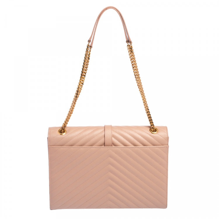 Pre Owned Saint Laurent Powder Pink Matelassé Leather Large Monogram Envelope Shoulder Bag