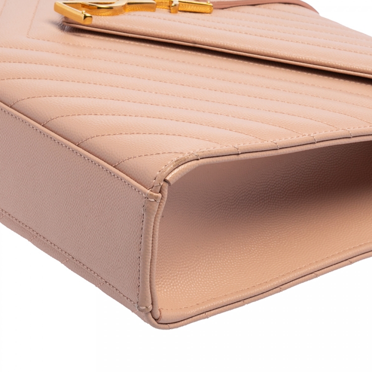 Pre Owned Saint Laurent Powder Pink Matelassé Leather Large Monogram Envelope Shoulder Bag