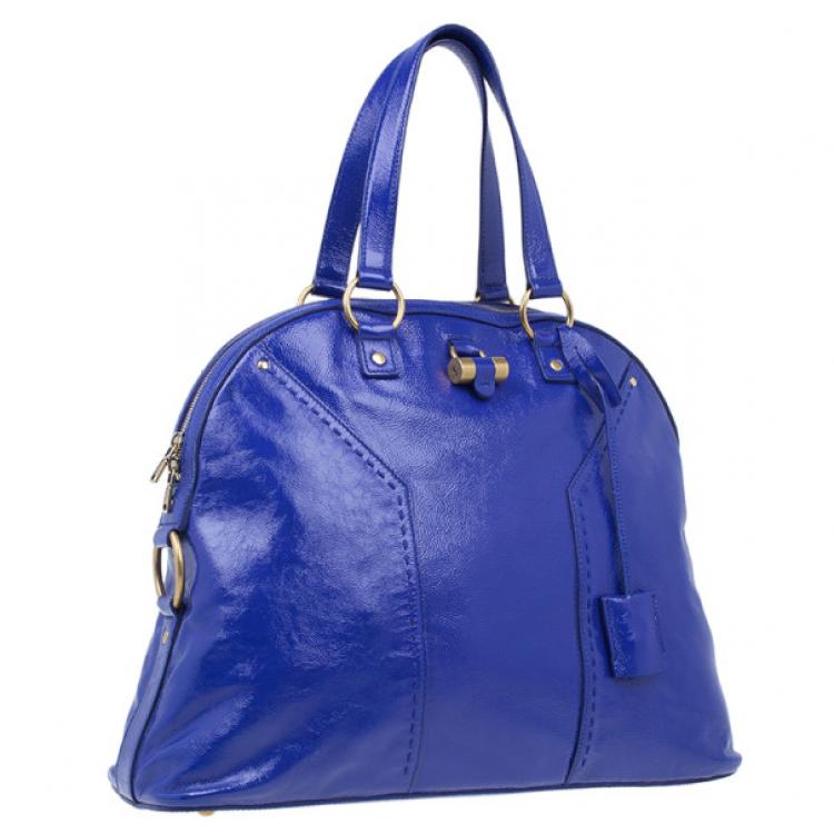 Pre Owned Saint Laurent Paris Blue Patent Leather Oversize Muse Tote