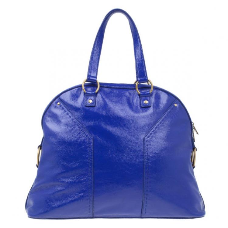 Pre Owned Saint Laurent Paris Blue Patent Leather Oversize Muse Tote