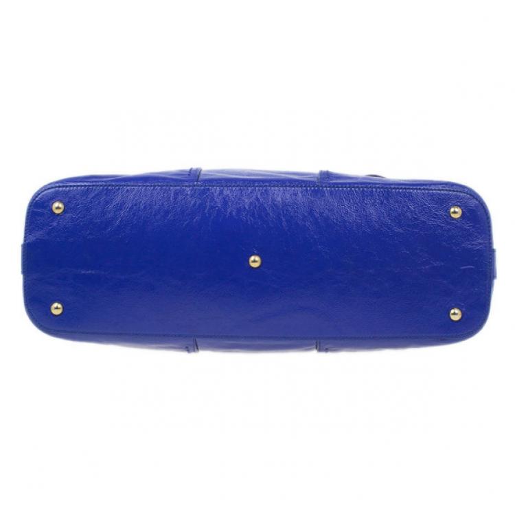 Pre Owned Saint Laurent Paris Blue Patent Leather Oversize Muse Tote