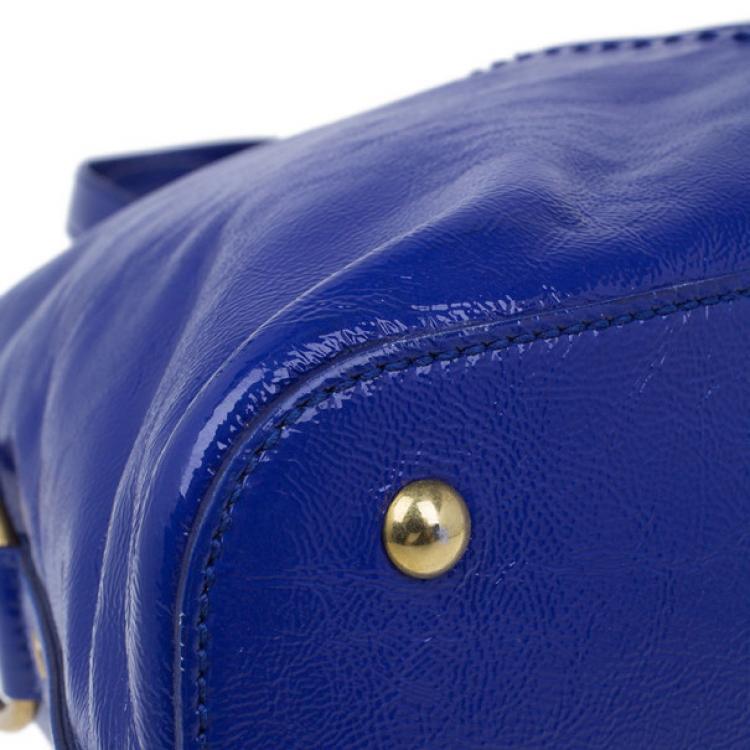 Pre Owned Saint Laurent Paris Blue Patent Leather Oversize Muse Tote