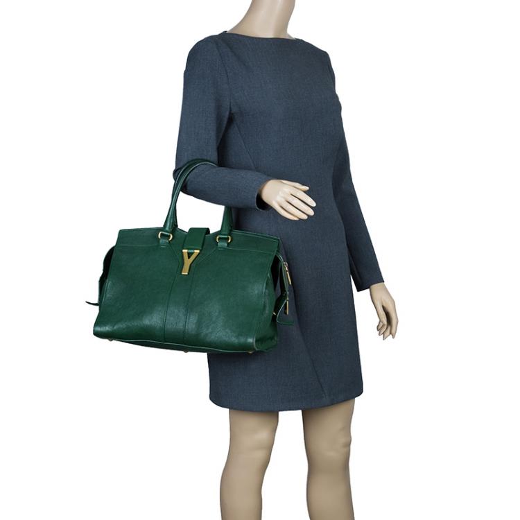 Pre Owned Saint Laurent Paris Green Leather Medium Cabas Chyc Satchel