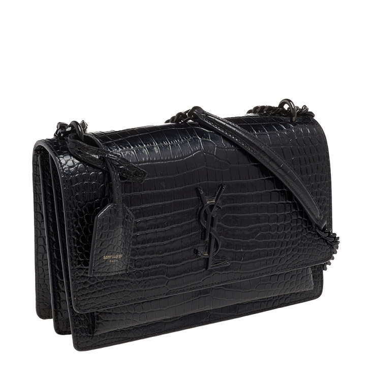 Pre Owned Saint Laurent Black Croc Embossed Leather Medium Sunset Shoulder Bag