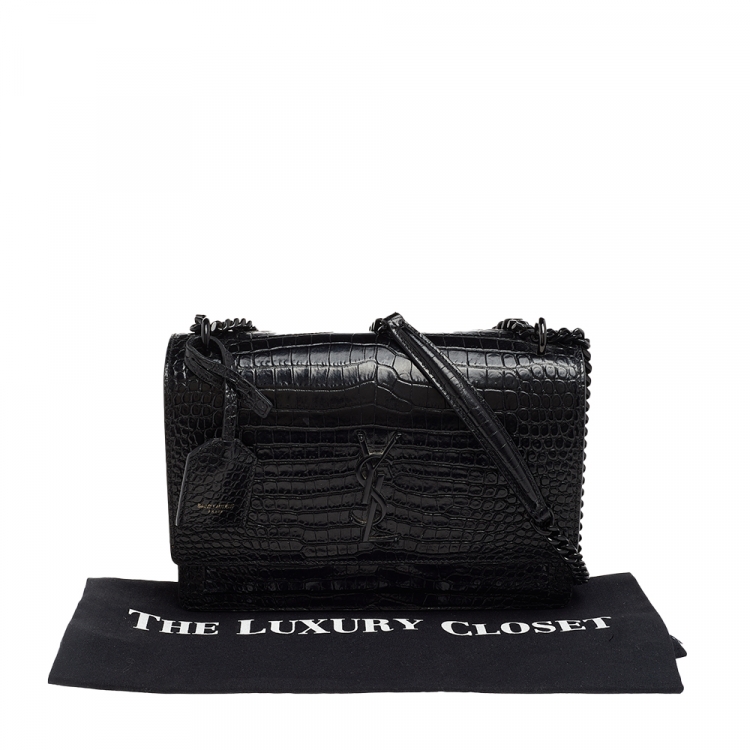 Pre Owned Saint Laurent Black Croc Embossed Leather Medium Sunset Shoulder Bag