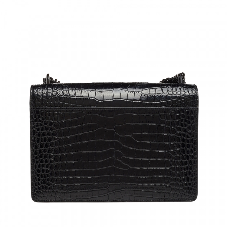 Pre Owned Saint Laurent Black Croc Embossed Leather Medium Sunset Shoulder Bag