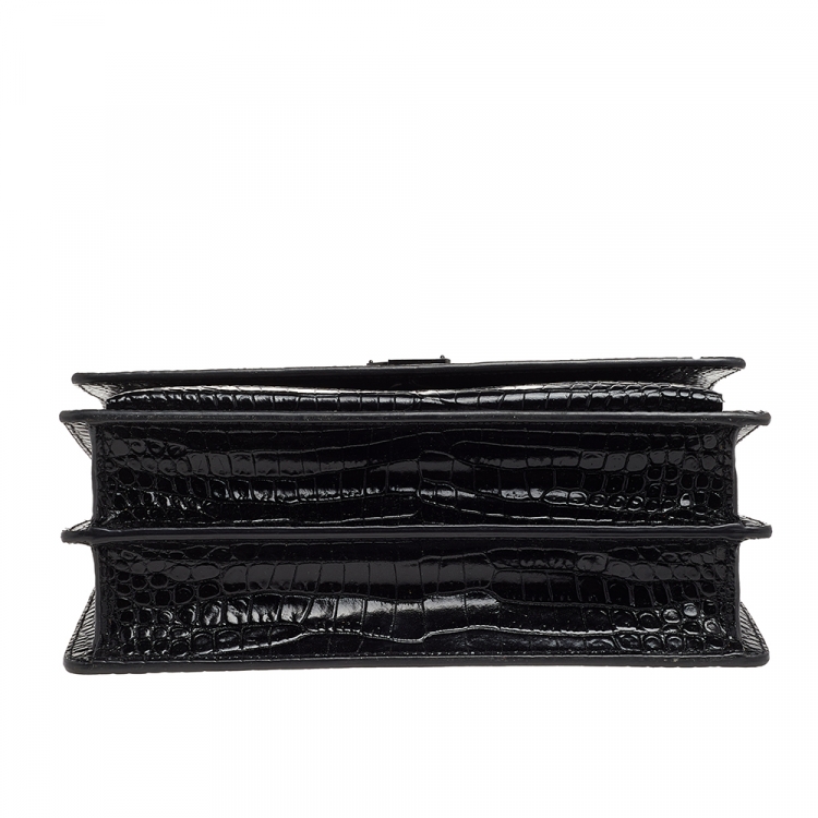 Pre Owned Saint Laurent Black Croc Embossed Leather Medium Sunset Shoulder Bag