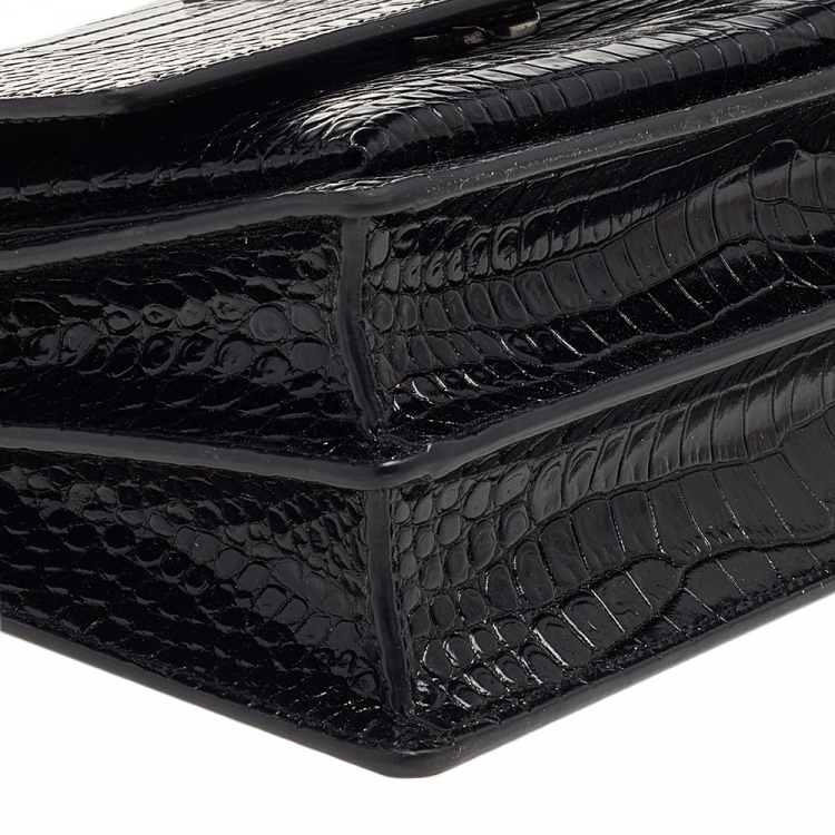 Pre Owned Saint Laurent Black Croc Embossed Leather Medium Sunset Shoulder Bag