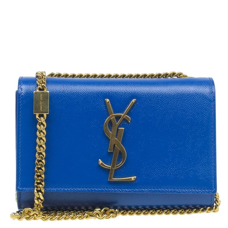 Pre Owned Saint Laurent Paris Blue Grain Patent Leather Small Crossbody Bag