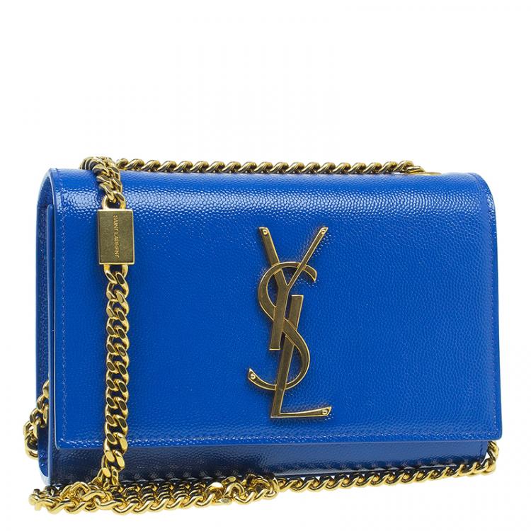 Pre Owned Saint Laurent Paris Blue Grain Patent Leather Small Crossbody Bag
