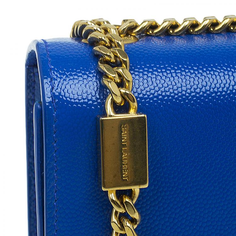 Pre Owned Saint Laurent Paris Blue Grain Patent Leather Small Crossbody Bag