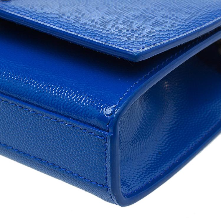 Pre Owned Saint Laurent Paris Blue Grain Patent Leather Small Crossbody Bag