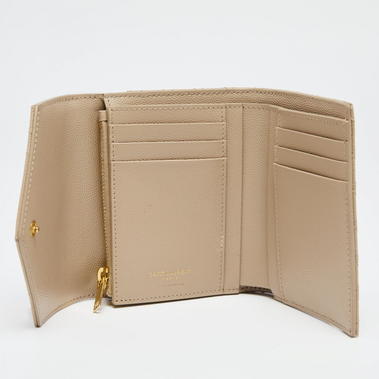 Saint Laurent Cassandre Matelasse Compact Tri Fold Wallet in Grain