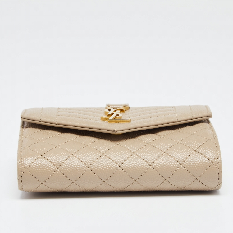 مملوكة مسبقًا Saint Laurent Beige Mix Matelassé Grain Leather Envelope Trifold Compact Wallet