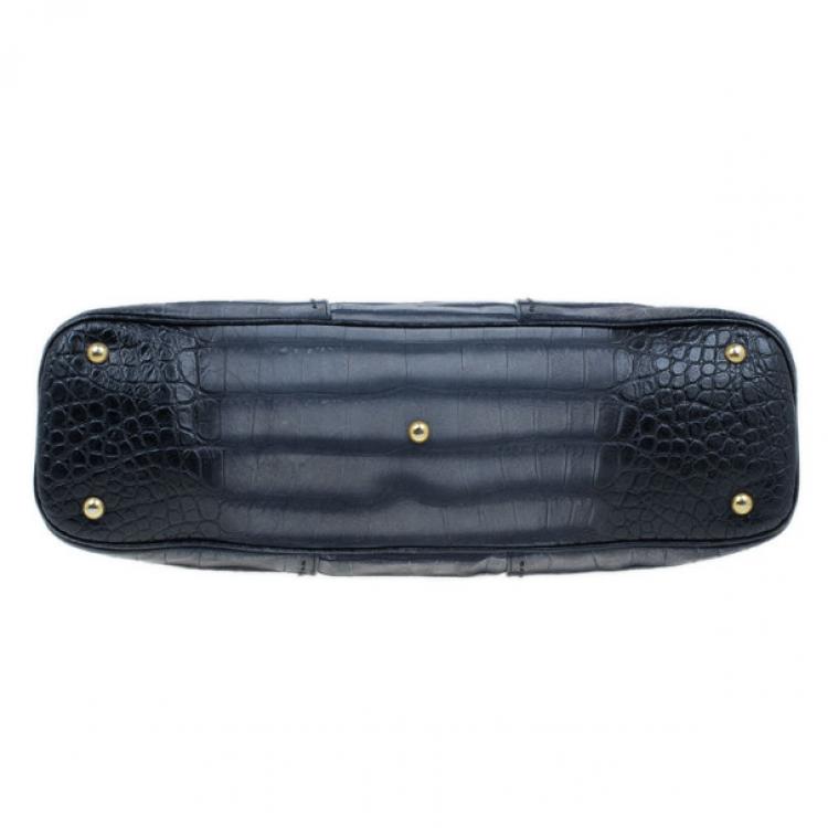 Pre Owned Saint Laurent Paris Blue Croc-Embossed Large Muse Bag