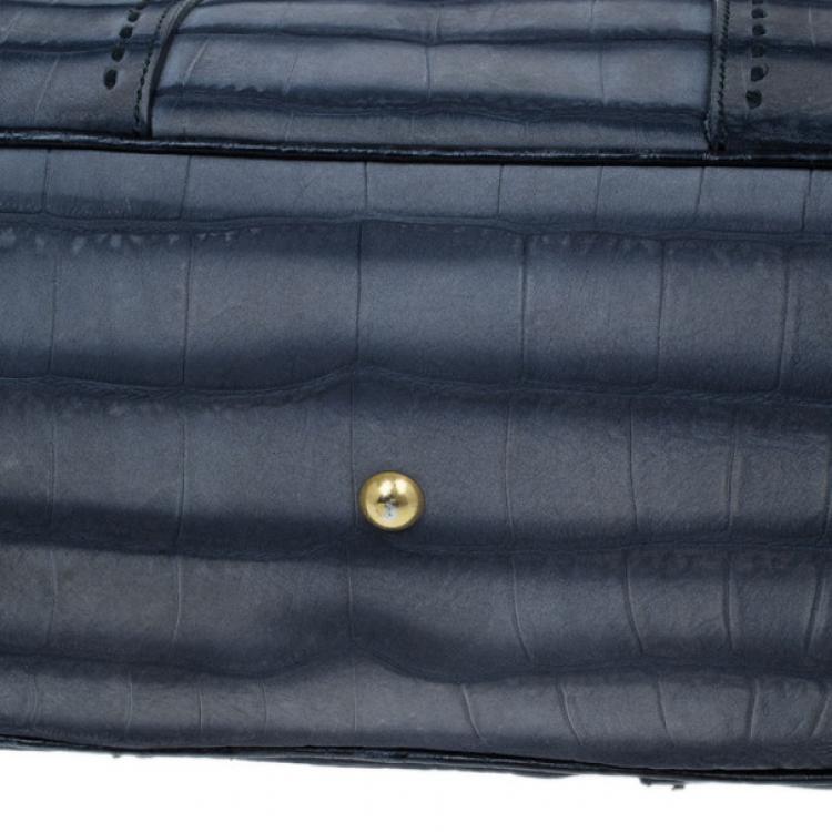 Pre Owned Saint Laurent Paris Blue Croc-Embossed Large Muse Bag