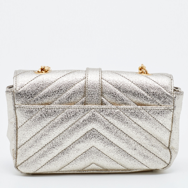 Pre Owned Saint Laurent Metallic Gold Chevron Quilted Leather Monogram Classic Baby Chain Crossbody Bag