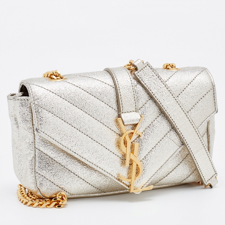 Pre Owned Saint Laurent Metallic Gold Chevron Quilted Leather Monogram Classic Baby Chain Crossbody Bag