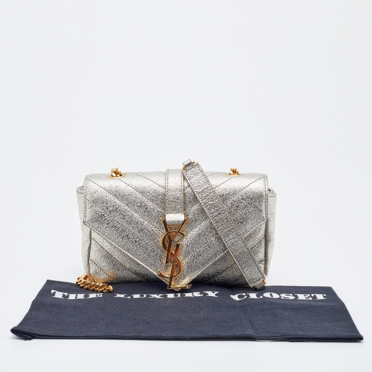 Pre Owned Saint Laurent Metallic Gold Chevron Quilted Leather Monogram Classic Baby Chain Crossbody Bag