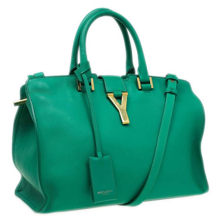 Pre Owned Saint Laurent Paris Green Leather Small Ligne Y Cabas Tote