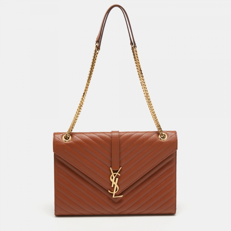 Pre Owned Saint Laurent Brown Matelassé Leather Large Monogram Envelope Shoulder Bag