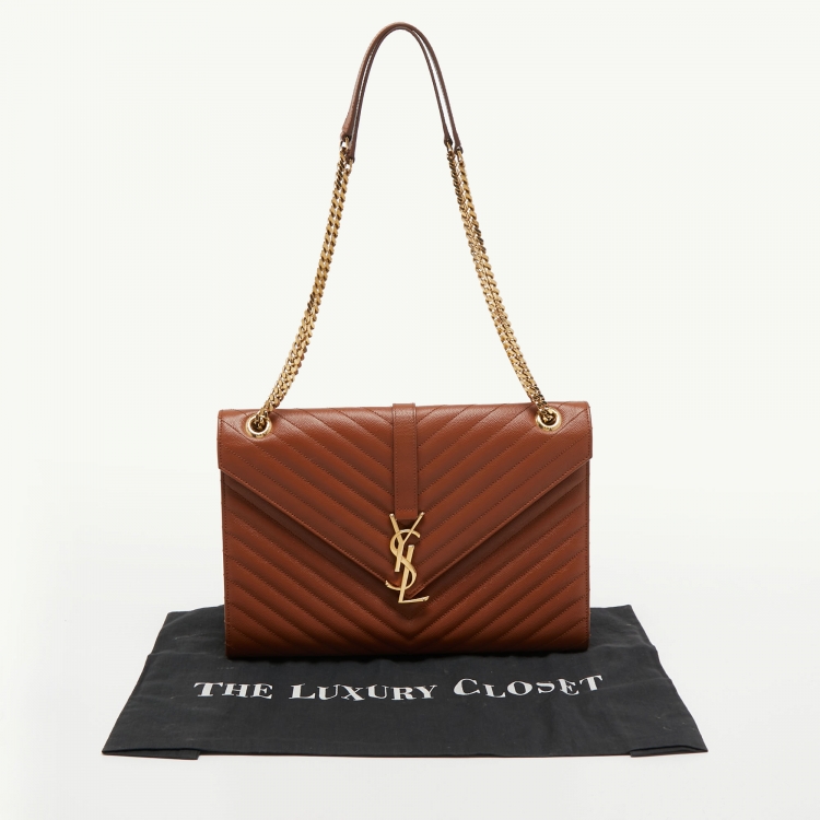 Pre Owned Saint Laurent Brown Matelassé Leather Large Monogram Envelope Shoulder Bag