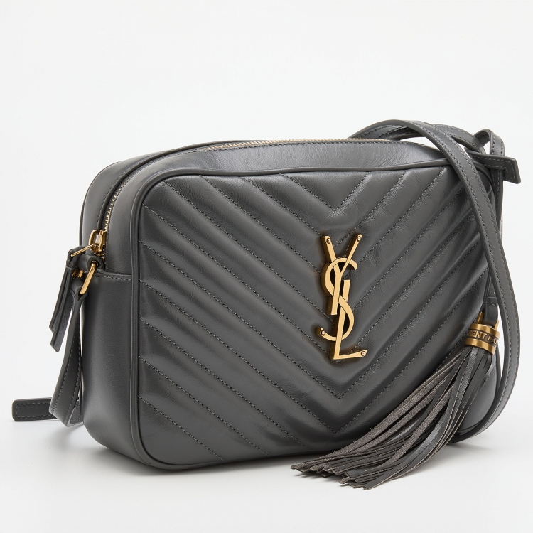 Pre Owned Saint Laurent Grey Matelassé Leather Medium Monogram Lou Camera Crossbody Bag