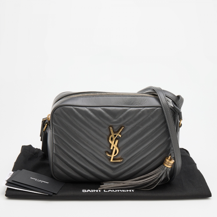Pre Owned Saint Laurent Grey Matelassé Leather Medium Monogram Lou Camera Crossbody Bag