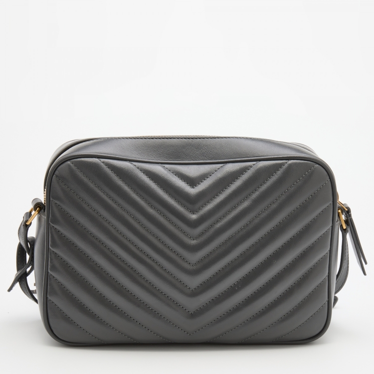 Pre Owned Saint Laurent Grey Matelassé Leather Medium Monogram Lou Camera Crossbody Bag
