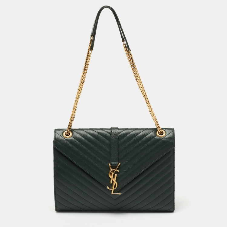 Pre Owned Saint Laurent Dark Green Matelassé Leather Large Cassandre Flap Bag
