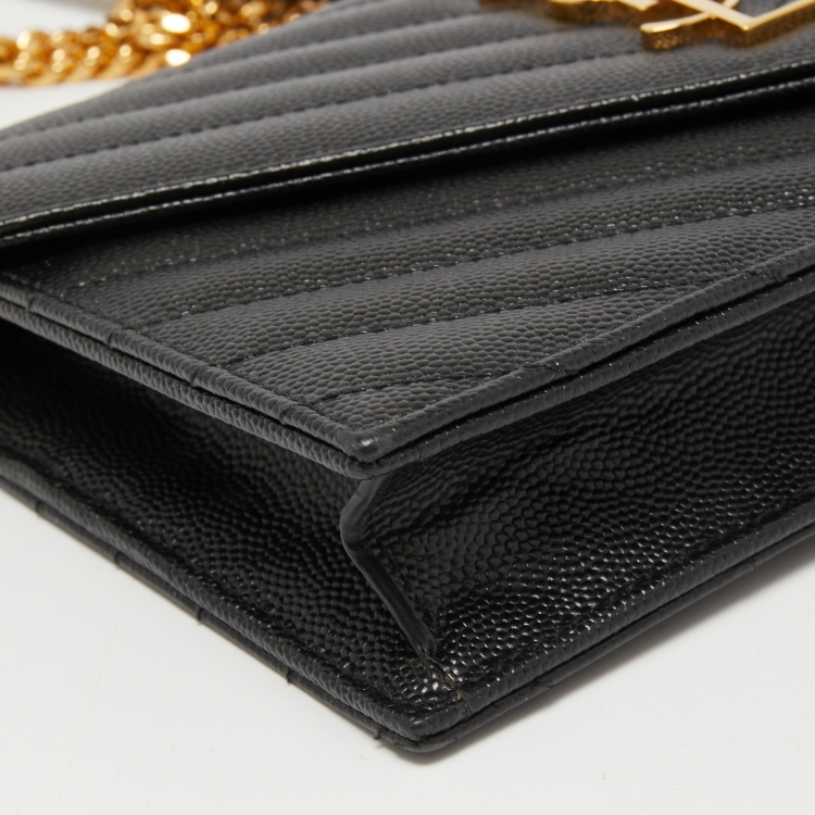 Pre Owned Saint Laurent Black Matelasse Leather Monogram Envelope Wallet on Chain