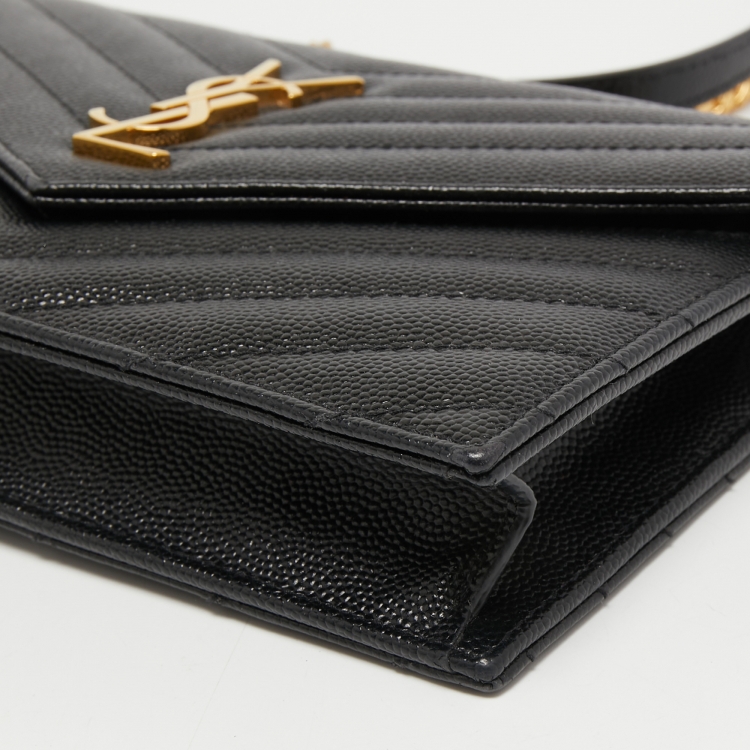 Pre Owned Saint Laurent Black Matelasse Leather Monogram Envelope Wallet on Chain