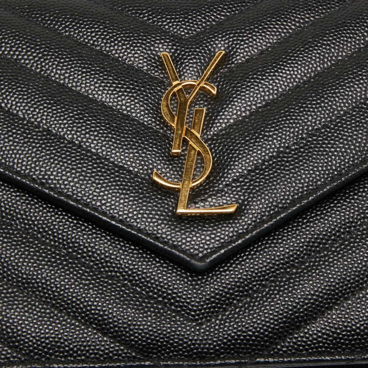 Pre Owned Saint Laurent Black Matelasse Leather Monogram Envelope Wallet on Chain