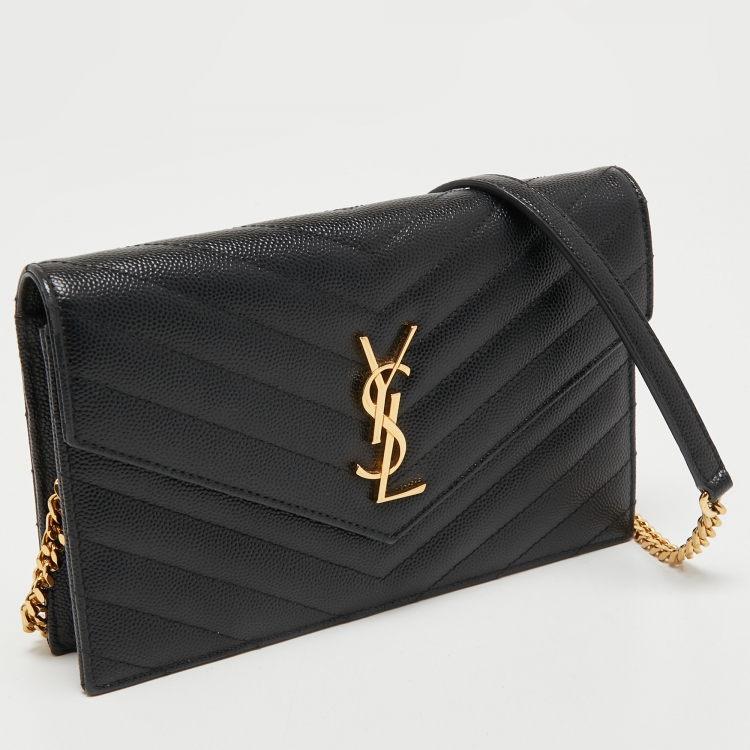 Pre Owned Saint Laurent Black Matelasse Leather Monogram Envelope Wallet on Chain