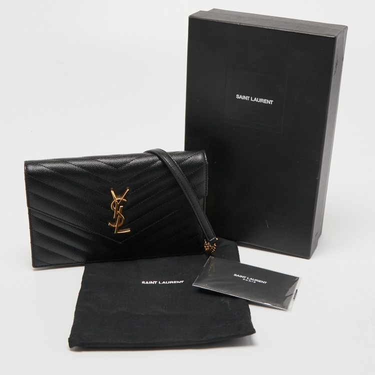 Pre Owned Saint Laurent Black Matelasse Leather Monogram Envelope Wallet on Chain